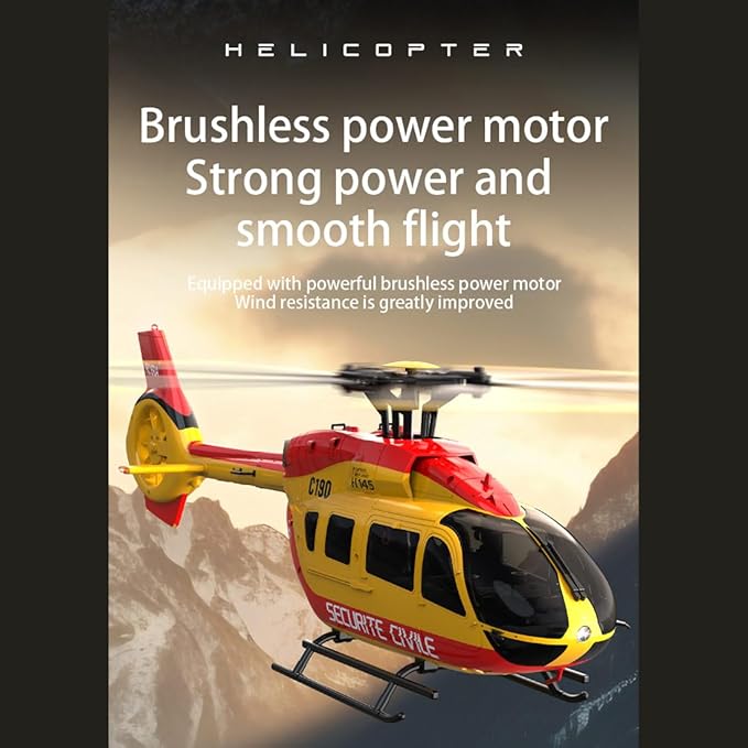 C190 RC Helicopter for Adults 1:30 Scale H145 2.4G 6CH Single Propeller Optical Flow Positioning Six-axis Gyroscope Stabilization (Red Yellow 2 Batteries)