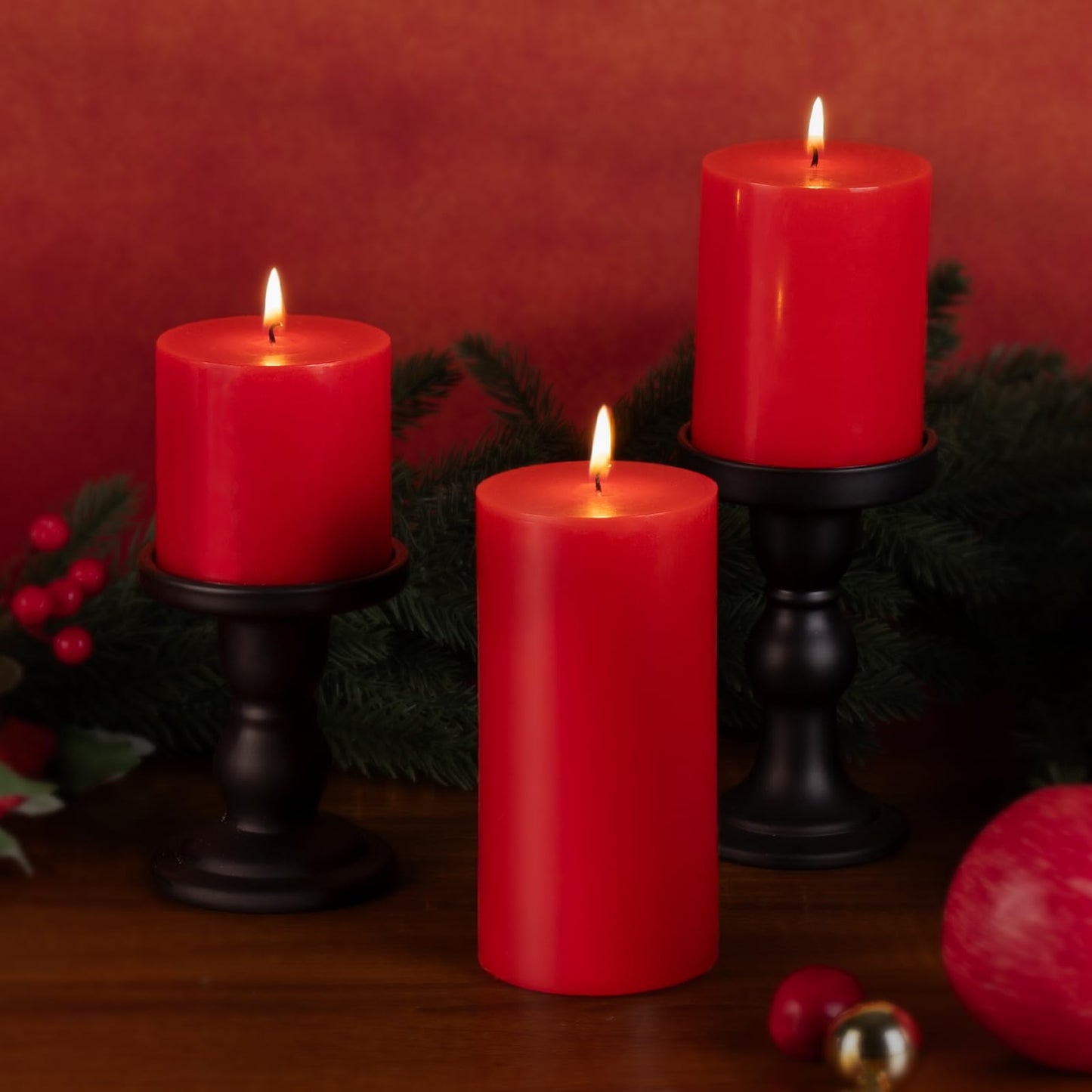 KONNI Red Pillar Candles Set of 3, 3"x 4" Unscented Pillar Candles Bulk, 39 Hours Long Burning Candles, Smokeless and Dripless Large Round Candle for Wedding, Home Decoration, Parties, Spas, Dinner