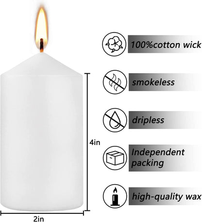 Howemon 20 Pcs Bulk Long Burning Wax Pillar Candles 2" x 4" Dripless Unscented Smokeless for Wedding Party Spa Lantern Fireplace Home(White)