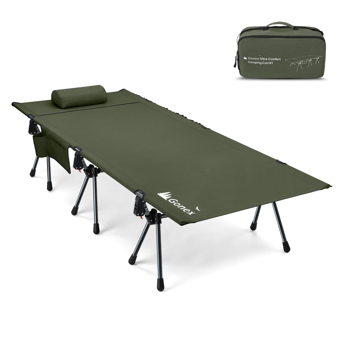Gonex 31.5" Extra Wide Camping Cot with Leg Extenders 2 in 1 Portable Folding Cot for Adults Height Adjustable Supports 350lbs Sleeping Bed for Backpacking Travel Beach Home (Army Green)