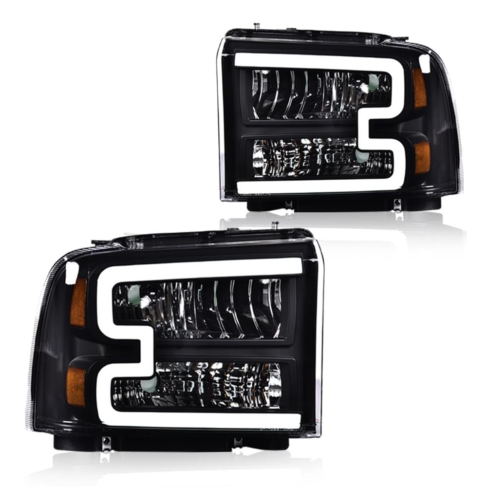 LED DRL Headlights Assembly Front Headlamp Compatible with Ford F250 F350 F450 F550 Super Duty 2005-2007/Ford Excursion 2005,(Not Fit Sealed Beam Headlight model) Clear Lens Black Housing
