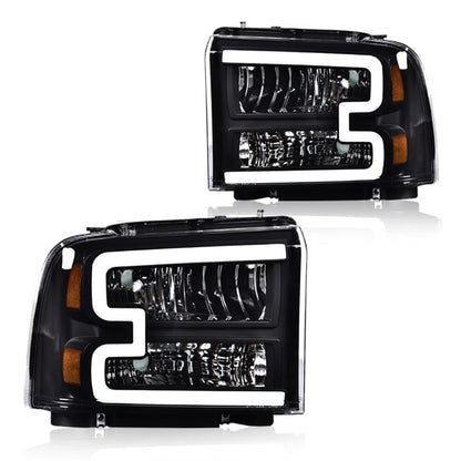 LED DRL Headlights Assembly Front Headlamp Compatible with Ford F250 F350 F450 F550 Super Duty 2005-2007/Ford Excursion 2005,(Not Fit Sealed Beam Headlight model) Clear Lens Black Housing