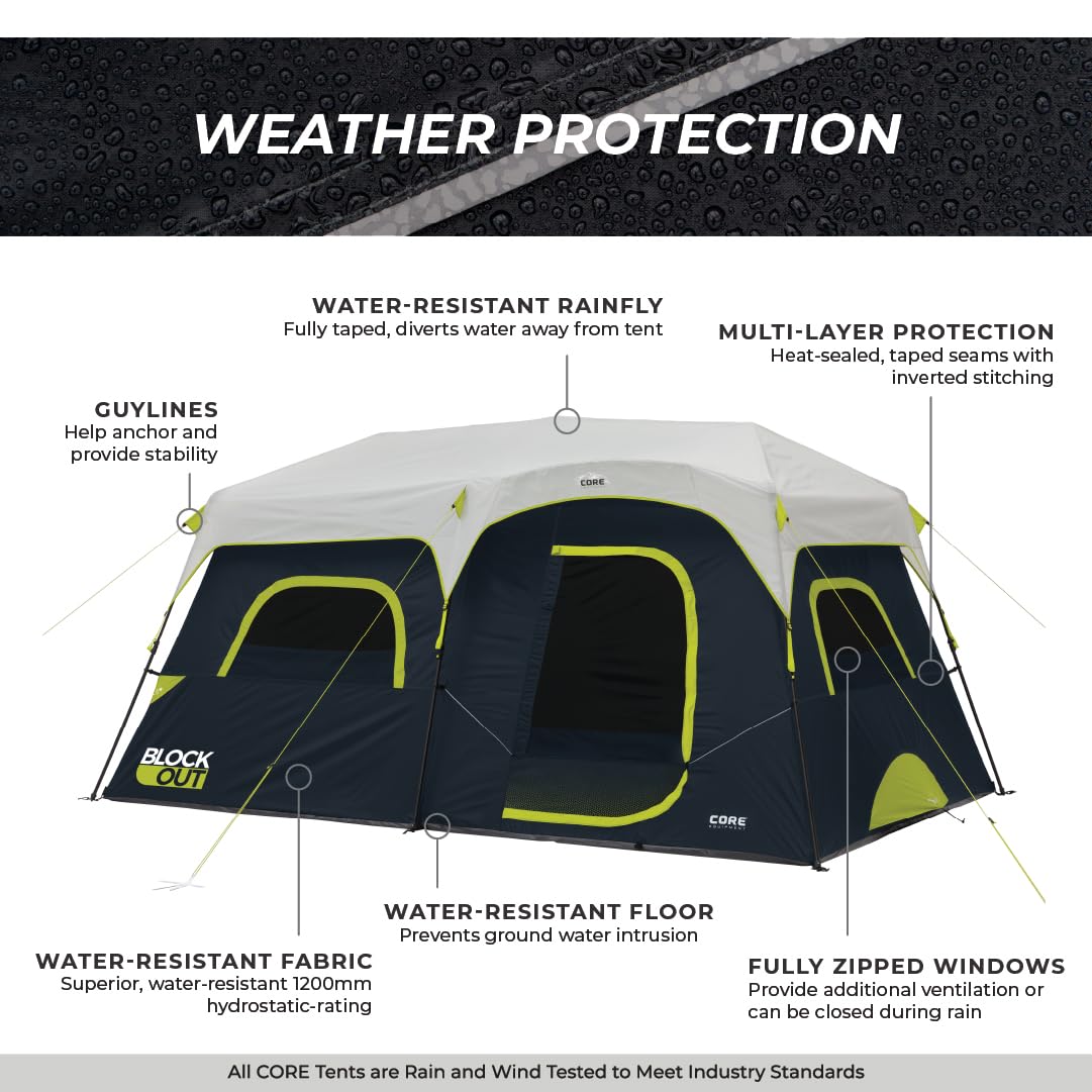 CORE Blackout 9 Person Instant Cabin Tent | Large Multi Room Family Pop Up Dark Room Tent for 2 Minute Camp Setup | Included Storage Pockets for Camping Accessories