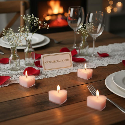 Pink Heart Tea Lights Set of 24, Handmade Tealight Candles with Gardenia Scent, Long Burning Tea Candles, Tealights for Wedding Meditation Home Spa Decor Gift