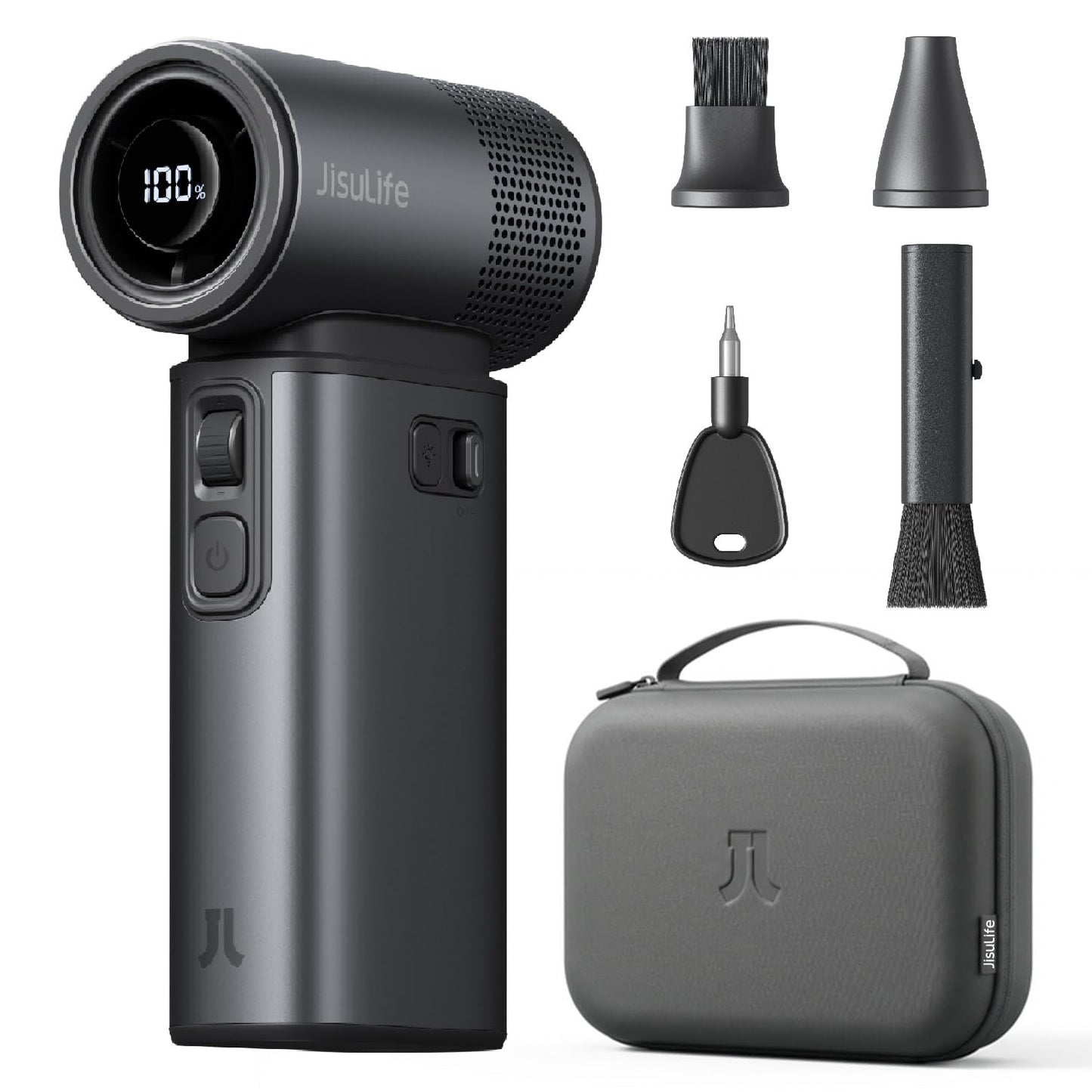 JISULIFE Portable Handheld Fan Ultra2 9000mAh, 5 IN 1, Up to 25Hrs, 100 Speed Turbo Fan, 18W Power Bank, Flashlight, Metal Shell, Travel Essentials Gifts for Men with Splash Proof Portable Case-Grey