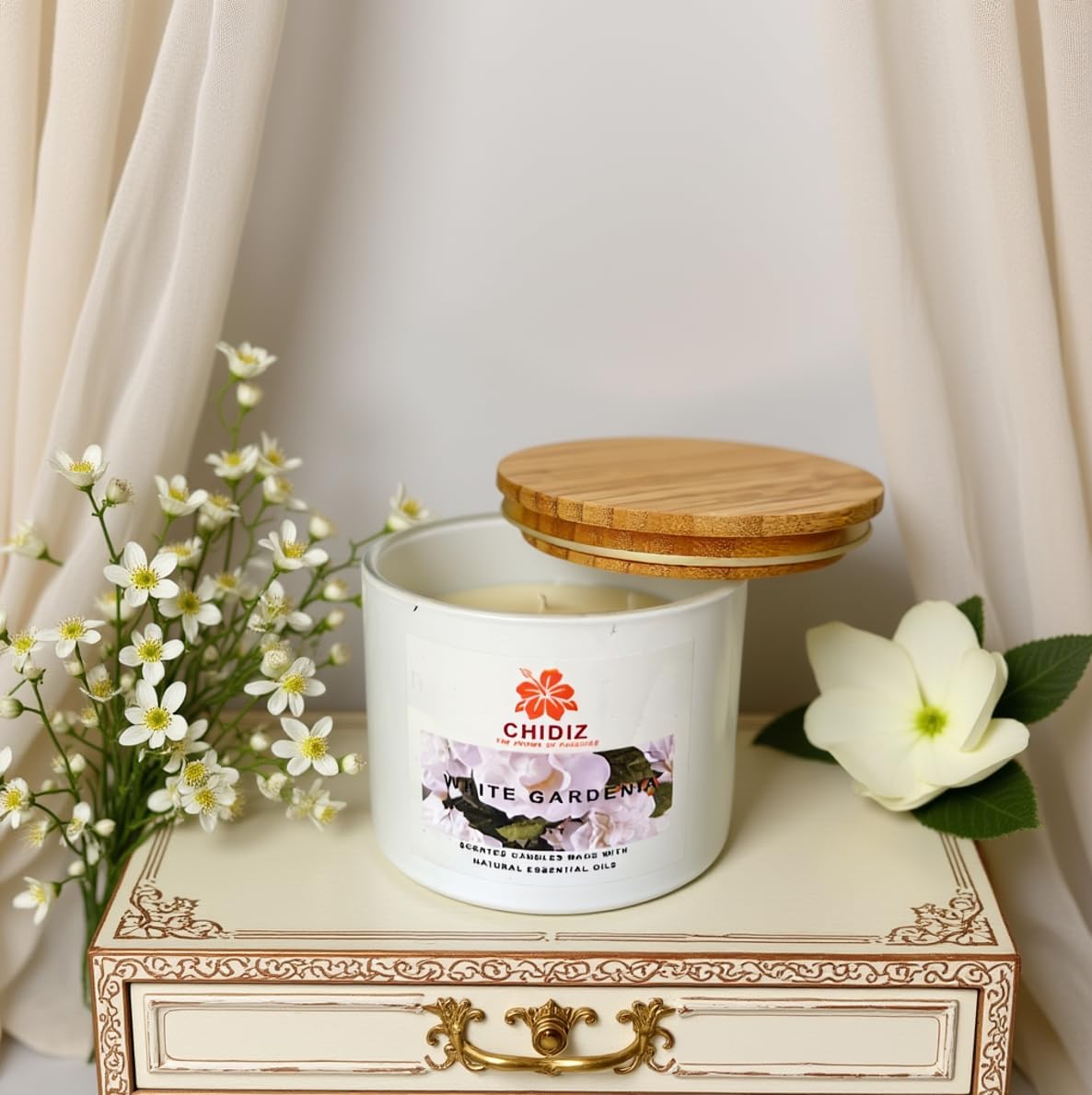 CHIDIZ White Gardenia Soy Scented Candles | Large 1 Wick Jar Candle | Up to 45 Hours Burning Time | Relaxing Aromatherapy Candles | Housewarming Gift for Women and Men (Medium, White Gardenia)