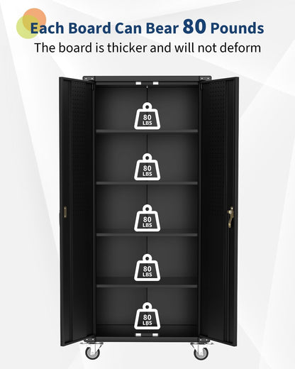 MilleLoom Heavy Duty Rolling Storage Cabinet 72" H – Mobile Locking Metal Cabinet with 4 Adjustable Shelves & Door Pegboard, Ideal for Garage, Workshop, Home Office – Black