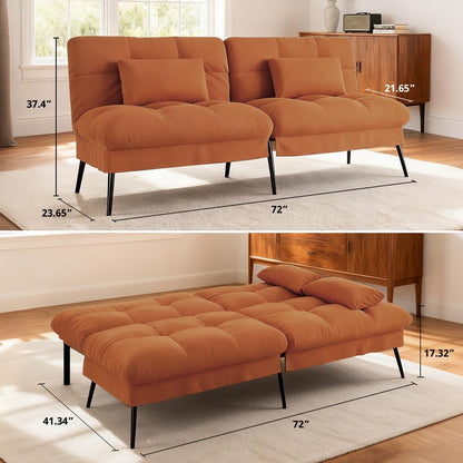 COMHOMA 72″ Futon Sofa Bed,Convertible Fabric Futons Couch with Adjustable Backrest, Folding Sleeper Recliner for Living Room Furniture (Orange)