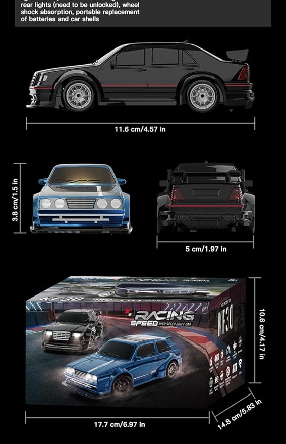 KF30 1/43 Mini RC Drift Car 2.4G Full-Proportional 4WD RC Racing Car Model with LED Lights and Gyro RTR (Black)