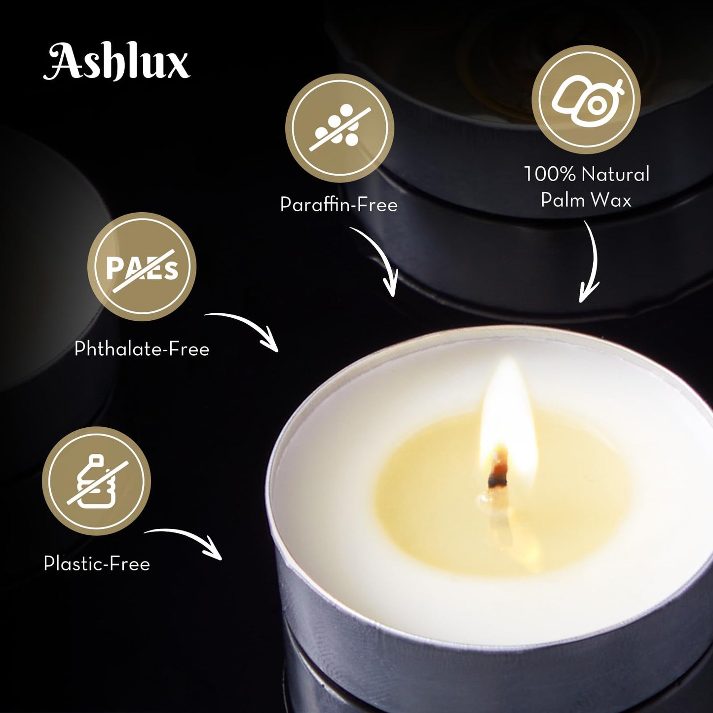 Ashlux Unscented Palm Tea Lights Candles 100 Pack Bulk, 4.5 Hours Long Burning White Tea Lights,Non-Paraffin, Smokeless, Mini Tealight Votive Candles for Wedding, Christmas Lights, Party, Christmas