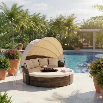 GDFStudio Outdoor Rattan Round Daybed with Canopy, Patio Wicker Lounge Bed with Lift-Top Coffee Table, Clamshell Sectional Seating Sofa Bed with Cushions & Pillows for Garden, Poolside, Beige