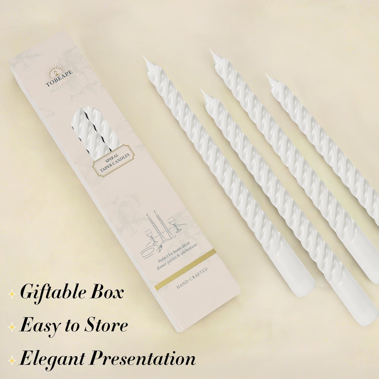 Tobeape White Spiral Taper Candles 10 Inch - 4 Pack Twisted Tapered Candle Sticks - Dripless Unscented Smokeless - Long Burning Decorative White Candlesticks for Dinner Wedding Party Table Home Decor
