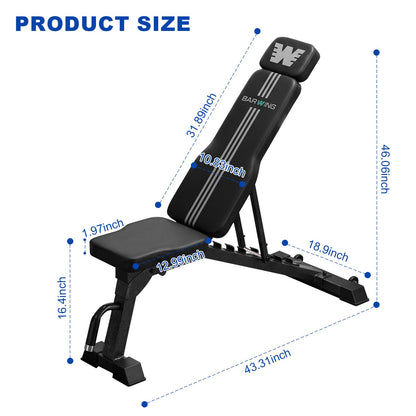 BARWING Adjustable Weight Bench for Home Gym, 1300LBS Heavy Duty Workout Bench with 8 Back & 4 Seat Positions, Incline Decline Flat Bench for Full Body Strength Training & Bench Press