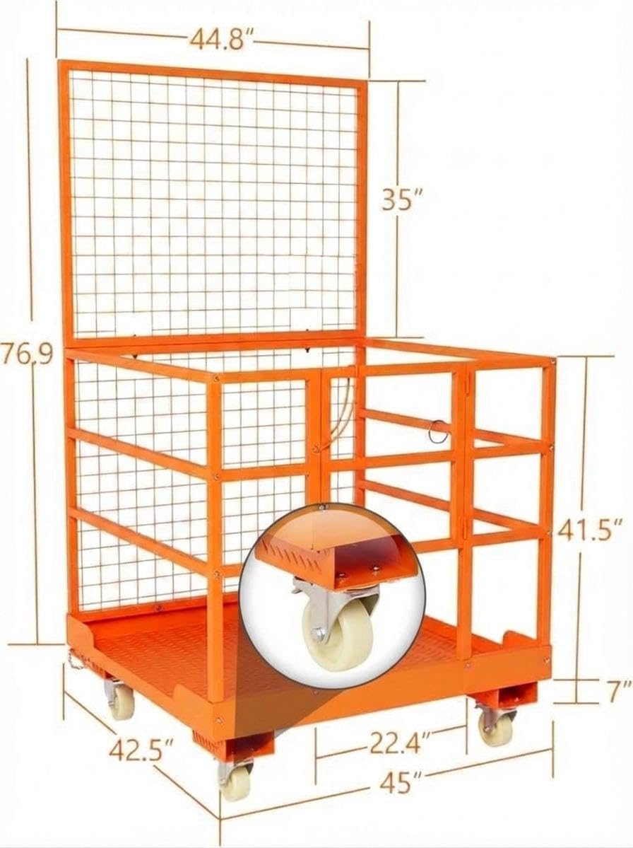 43x45 in Forklift Safety Cage Man Basket, 1800 LB Capacity, Heavy Duty Steel Forklift Work Platform with Railing & Wheels for Warehouse Factory Maintenance, Orange