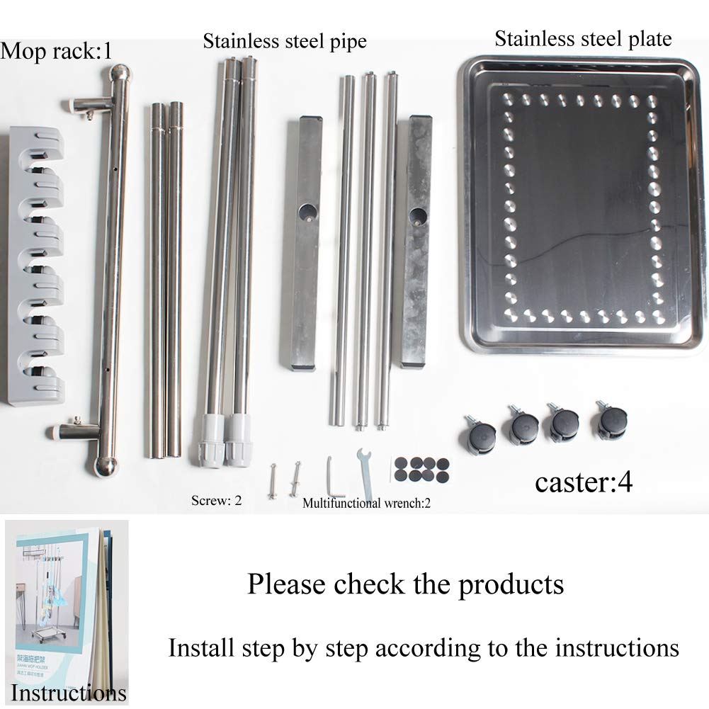 QTJH movable mop broom holder put wet mops floor standing cleaning tool rack stainless for schools, hospitals, factories, hotels, restaurant, etc.