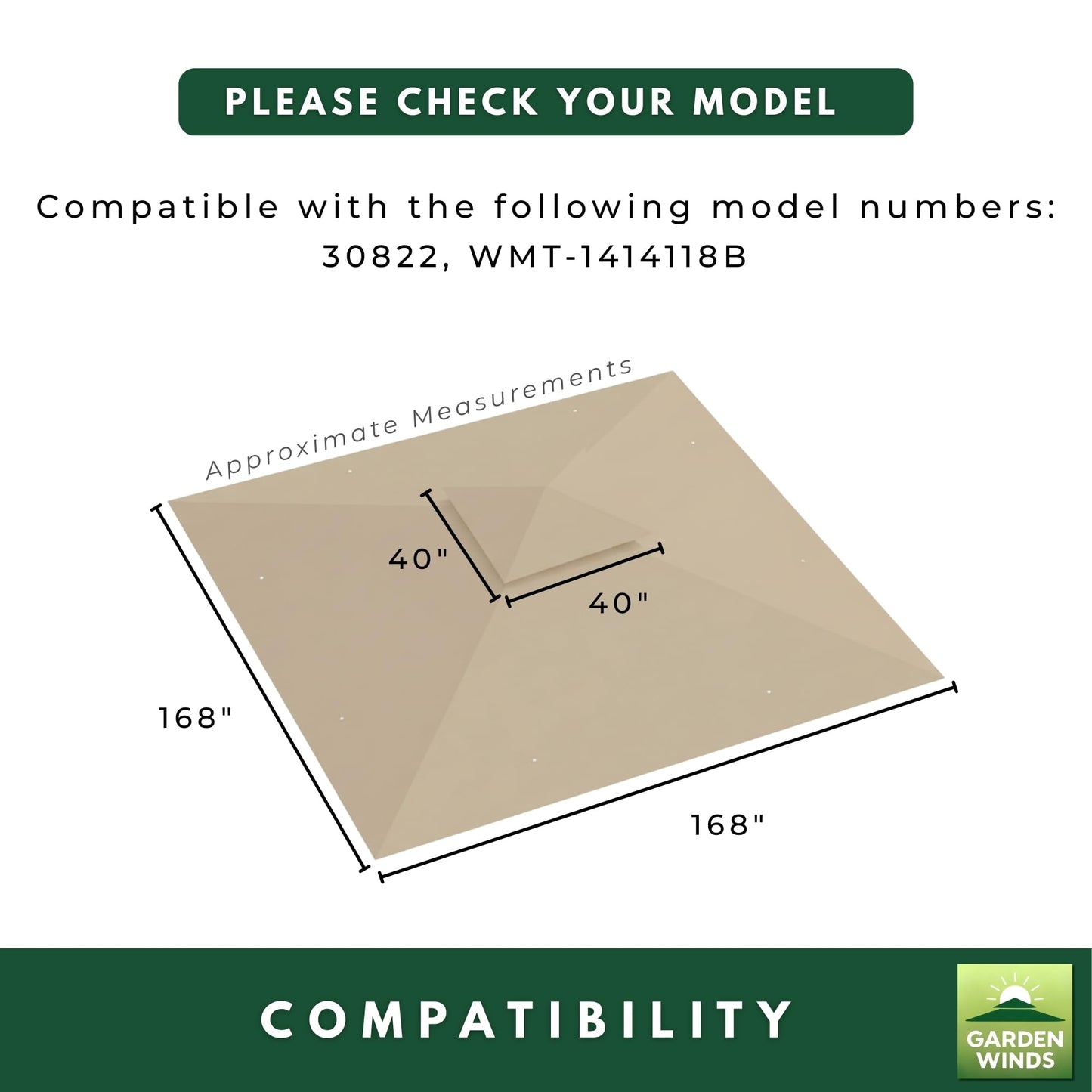 Garden Winds Reinforced Replacement Canopy Top Cover Compatible with The 30822, WMT-1414118B Ozark Trail 14’ X 14’ Pop Up - Classic Sand, Riplock 350