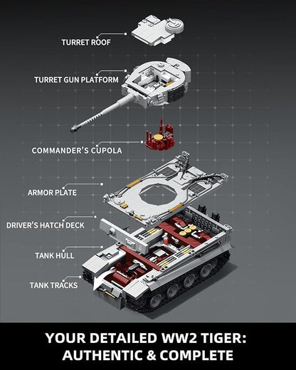 1:28 WW2 Tiger Heavy Tank Army Toy Building Sets 1544 PCS Panzer VI Tiger SO4 Military Vehicle Model Building Kits Collectible Birthday Gifts for Military Fans Adults Men Teen Boys Age 14+