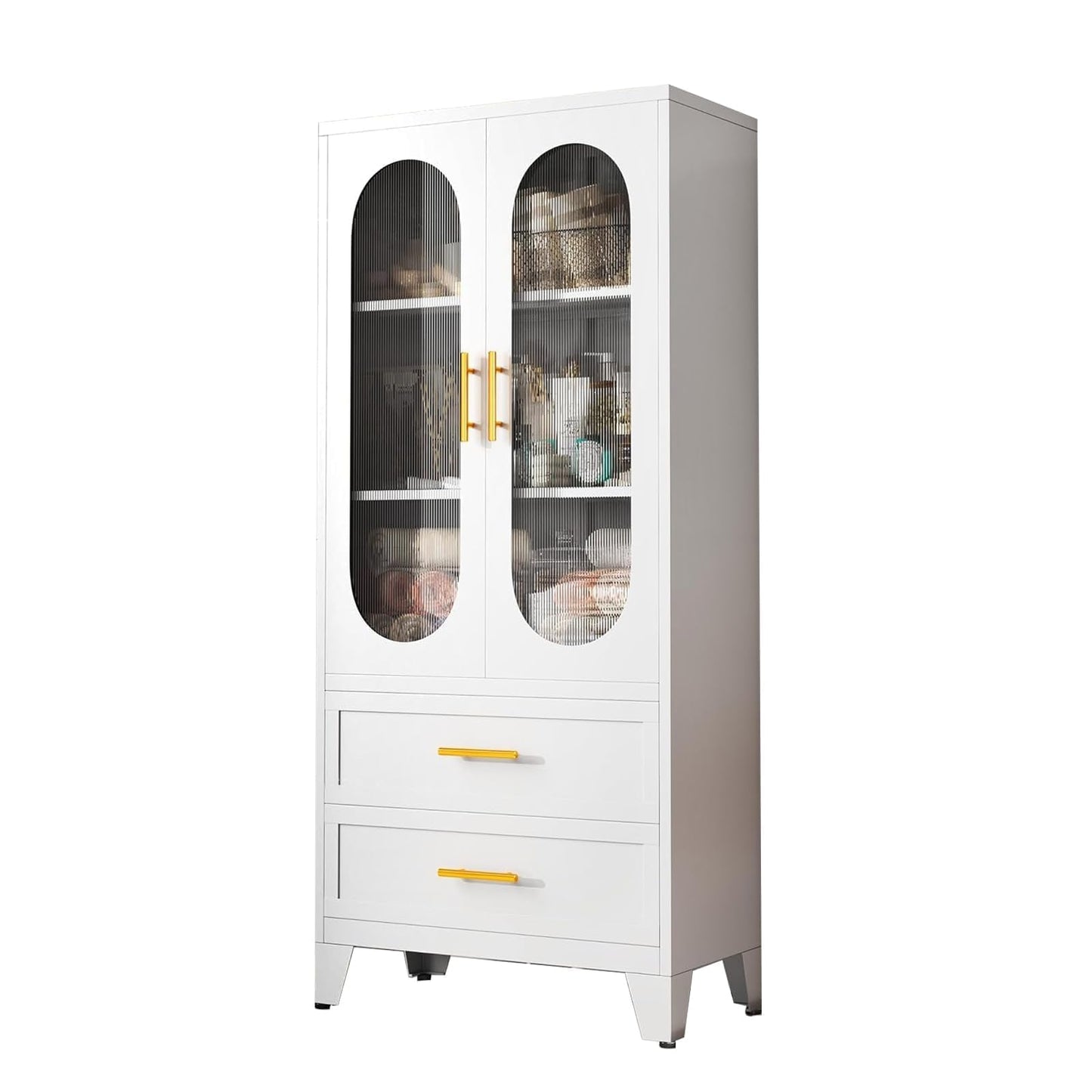 Takywep 73" Tall Pantry Cabinet, White Freestanding Storage Cabinet with Fluted Glass Door, 2 Spacious Drawers & Adjustable Shelves, Slim 14" Deep Organizer for Kitchen, Bathroom, Office, or Hallway