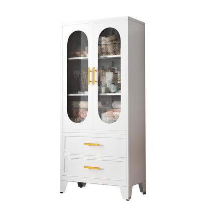 Takywep 73" Tall Pantry Cabinet, White Freestanding Storage Cabinet with Fluted Glass Door, 2 Spacious Drawers & Adjustable Shelves, Slim 14" Deep Organizer for Kitchen, Bathroom, Office, or Hallway
