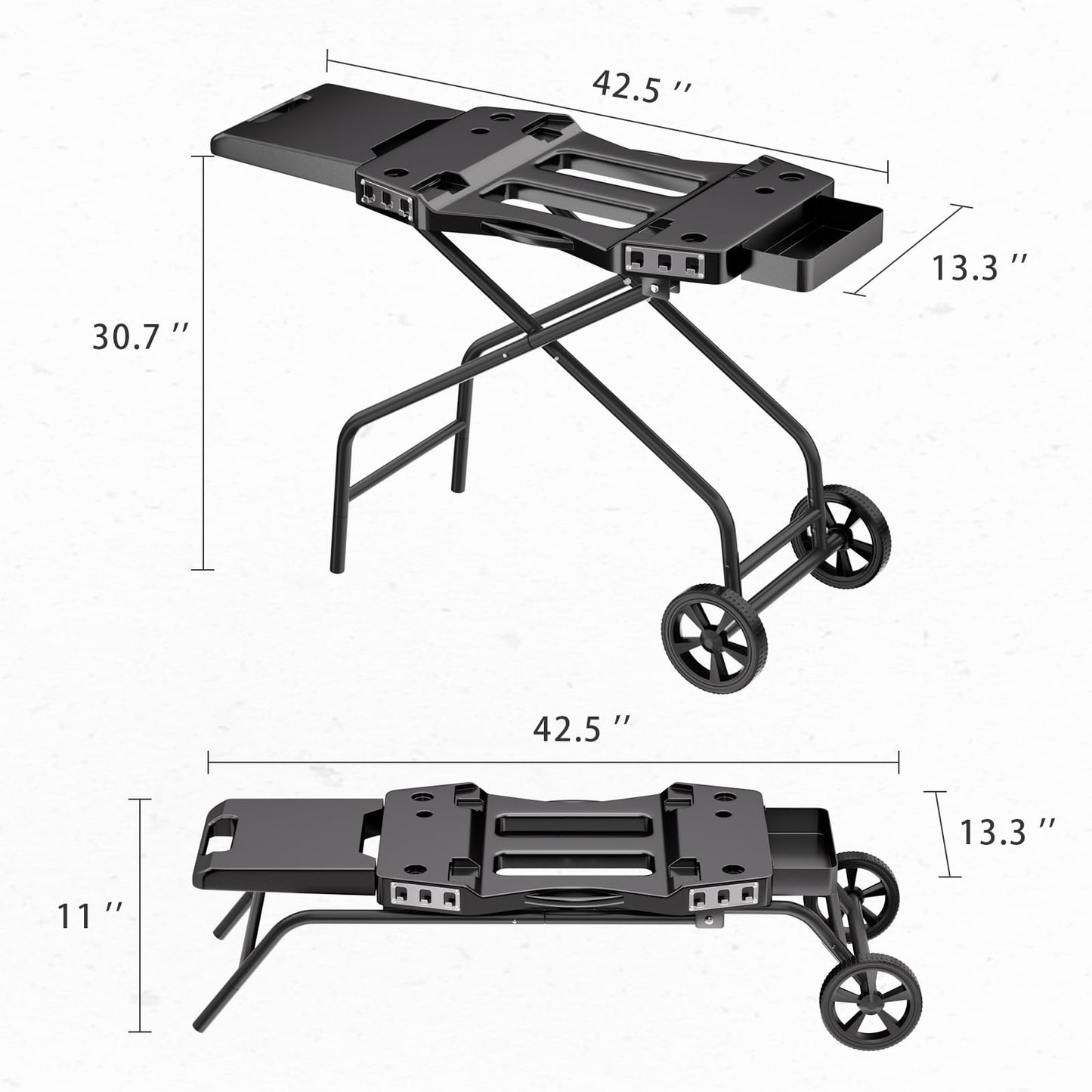 GRISUN Foldable Grill Table Stand for Ninja Woodfire Outdoor Grill（OG700/701/751), Portable Camping Table for Blackstone 22", Portable BBQ Stand with 2 Wheels, Side Table & Storage Basket