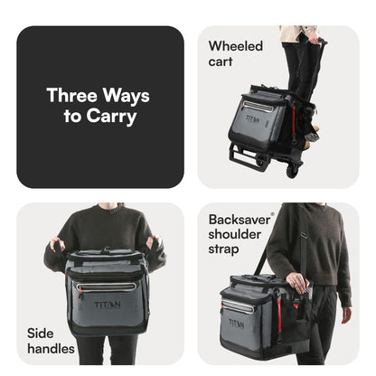 Titan by Arctic Zone Collapsible Wheeled Soft Sided Cooler with Detachable Rolling AT Cart, Insulated Bag with Leak Proof Lining, for Travel, Beach, Picnic, 60 Can Capacity, Sharkskin Grey
