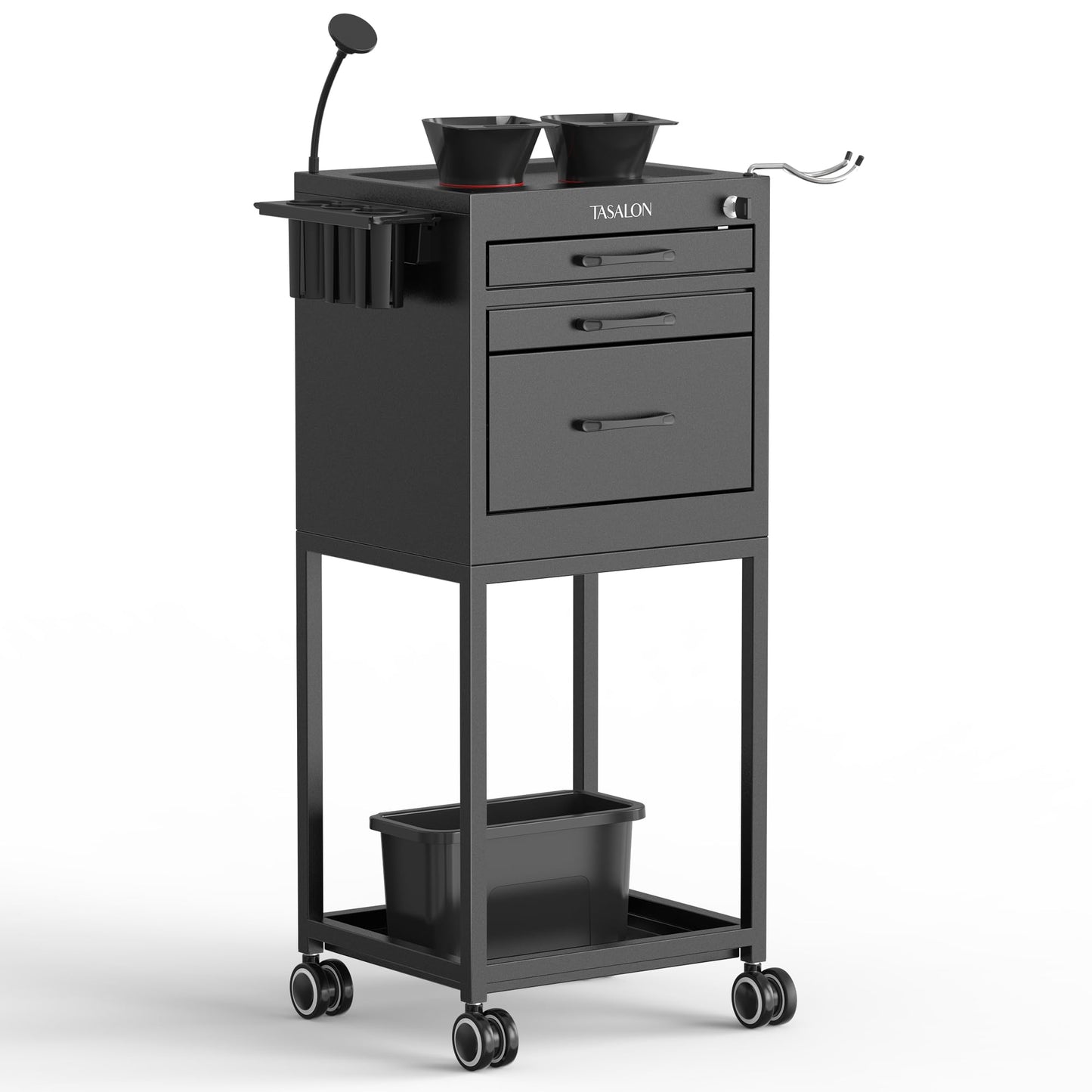 TASALON Salon Trolley Cart with Wheels, Lockable Metal Rolling Cart with Drawers, Magnetic Bowls & Phone Holder, Mobile Storage Organizer for Hair Stylist, Barber & Tattoo Supplies, Black