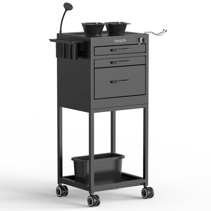 TASALON Salon Trolley Cart with Wheels, Lockable Metal Rolling Cart with Drawers, Magnetic Bowls & Phone Holder, Mobile Storage Organizer for Hair Stylist, Barber & Tattoo Supplies, Black