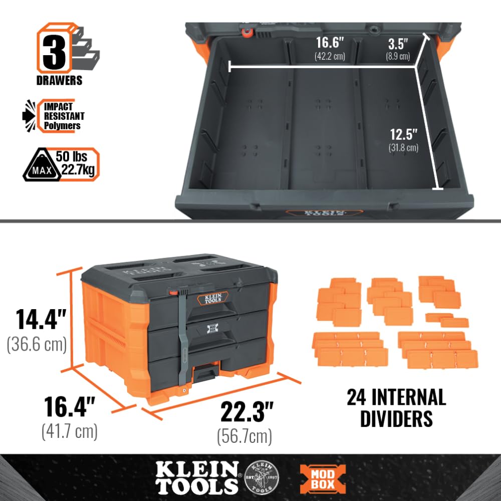 Klein Tools 54823MB MODbox 3-Drawer Tool Box Organizer, Heavy-Duty Tool Storage, Stackable Module, 50-Pound Capacity