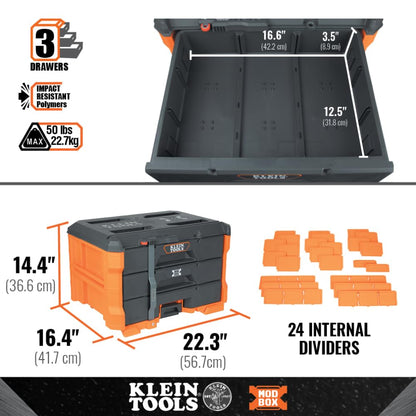 Klein Tools 54823MB MODbox 3-Drawer Tool Box Organizer, Heavy-Duty Tool Storage, Stackable Module, 50-Pound Capacity