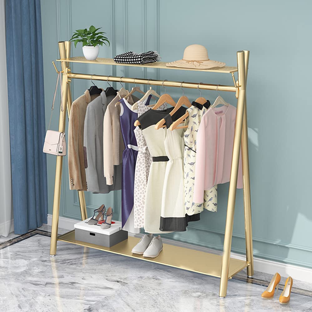 MAIKAILUN Clothes rack Gold, Freestanding Industrial Garment Rack with Double shelves Multi-functional Bedroom Hanging Clothing Rack,Heavy Duty Coat Rack Organizer for Bedroom Shoes 1 pack (39'' L)