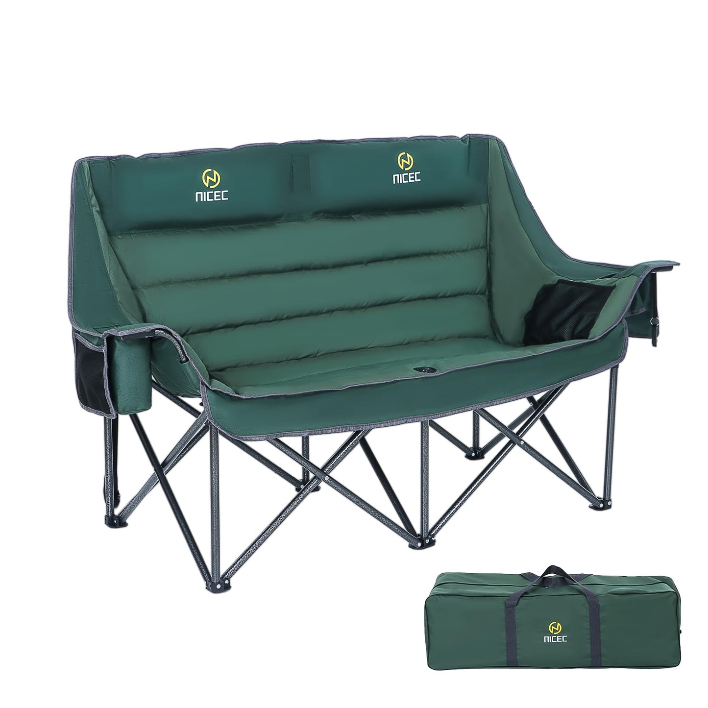Nice C Double Padded Camping Chair, Oversized Loveseat Camping Chair, Outdoor Camping Couch for Adults, Folding Bench, Lawn Chairs, Extra Padded, with Cup Holder, Cooler Bag, Bottle Opener (Green)