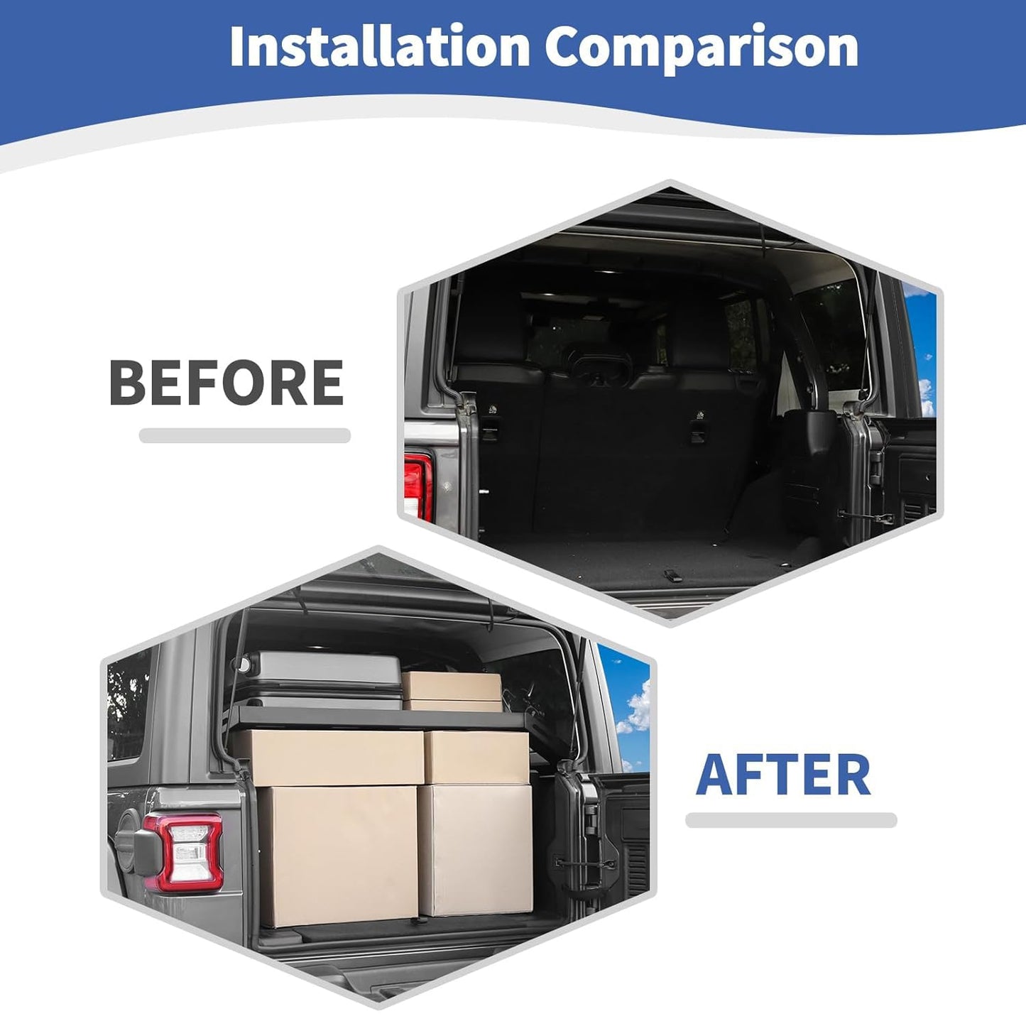 RT-TCZ Rear Trunk Cargo Rack Basket for Jeep Wrangler JKU (2007-2017) & JLU (2018+), 4 Door Interior Storage Shelf, Black Aluminum Alloy & Stainless Steel, 1PC Integrated Pallet