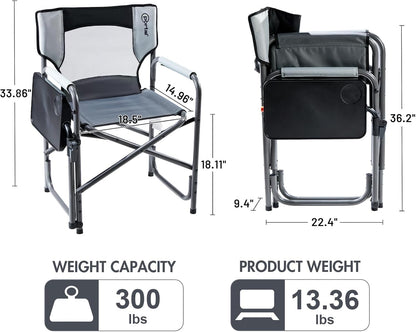 Portal Folding Director Chair with 2-Way Rotating Side Table, Heavy Duty 300 lb Camping Chair with Swivel Tray & Cup Holder, Ergonomic Mesh Back Portable Outdoor Seat for RV, Tailgating & Lawn, Grey