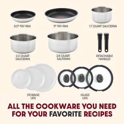 T-fal Ingenio Expertise Stainless Steel Cookware Set 13 Piece, Induction, Stackable Cookware, Pots and Pans Set, RV, Camping, Kitchen Fry Pans, Dishwasher Safe, Detachable/Removable Handle, Silver