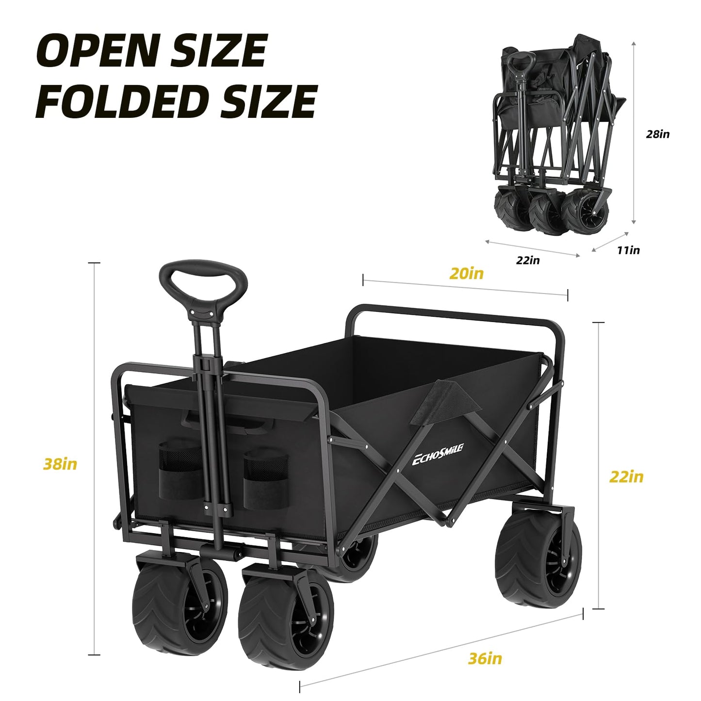 EchoSmile Heavy Duty 350 Lbs Capacity Collapsible Wagon, Outdoor Folding Camping Grocery Portable Utility Cart, Adjustable Rolling Carts, All Terrain Sports Wagon with Big Wheels (Black)