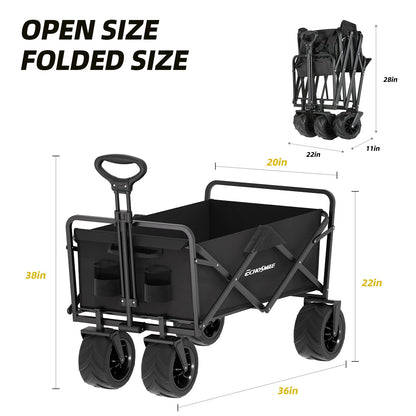 EchoSmile Heavy Duty 350 Lbs Capacity Collapsible Wagon, Outdoor Folding Camping Grocery Portable Utility Cart, Adjustable Rolling Carts, All Terrain Sports Wagon with Big Wheels (Black)