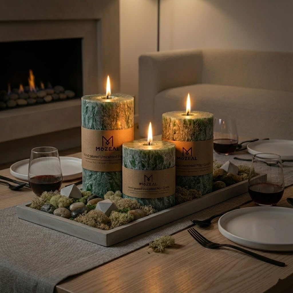 MOZEAL Hand-Poured, Unscented Green Crystal Pillar Decorative Candles, Elegant Set of 3 in Different Sizes (3"x4", 3"x5", 3"x6"), Luxurious Décor for Christmas Homes & Events