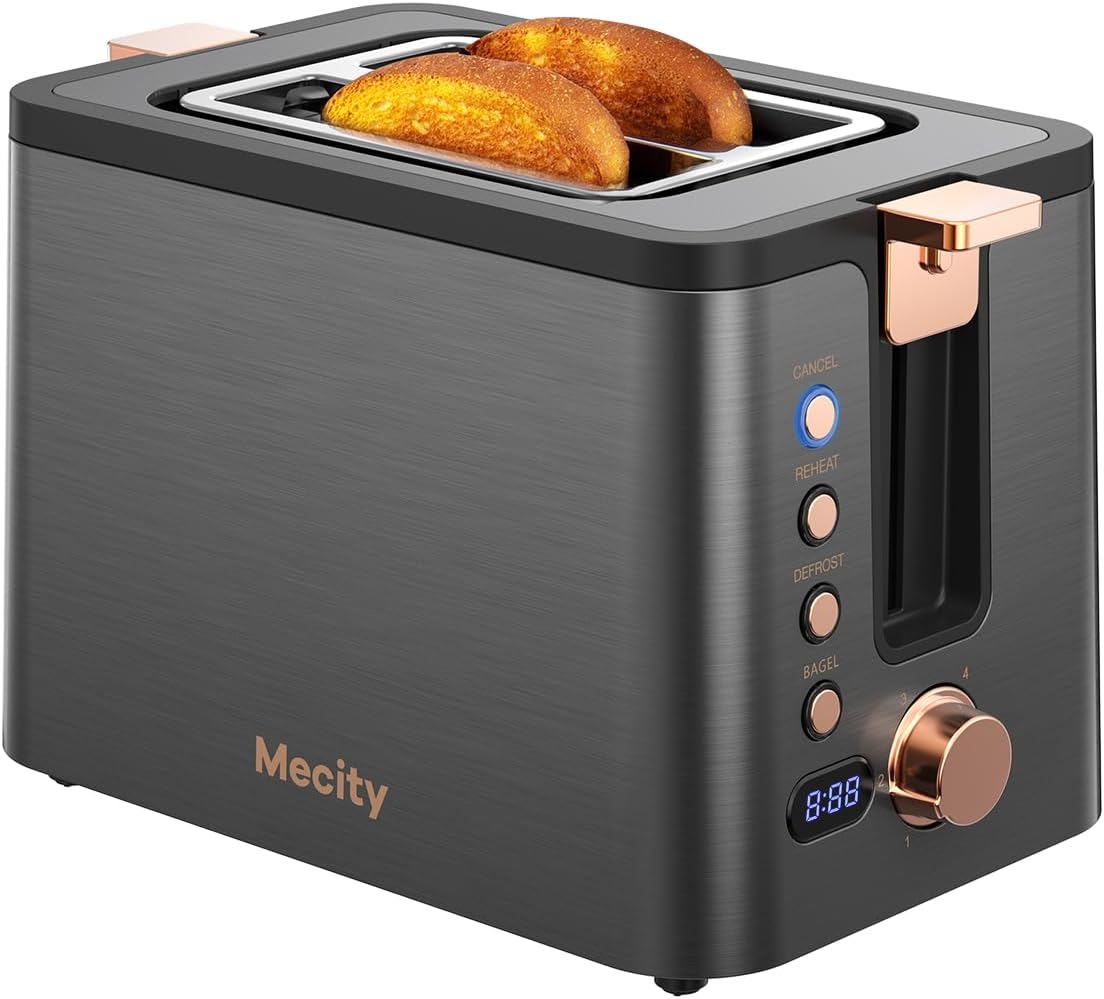 Mecity 2-Slice Toaster - Stainless Steel Body with 6 Browning Settings & Extra Wide Slots | Grey