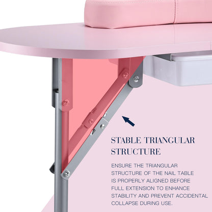 Joligrace Professional Foldable & Portable Manicure Table Nail Technician Desk Workstation 4 Lockable Wheels with Drawer Client Wrist Pad Free Carrying Bag Travel Nail Tech Spa Beauty Table Pink