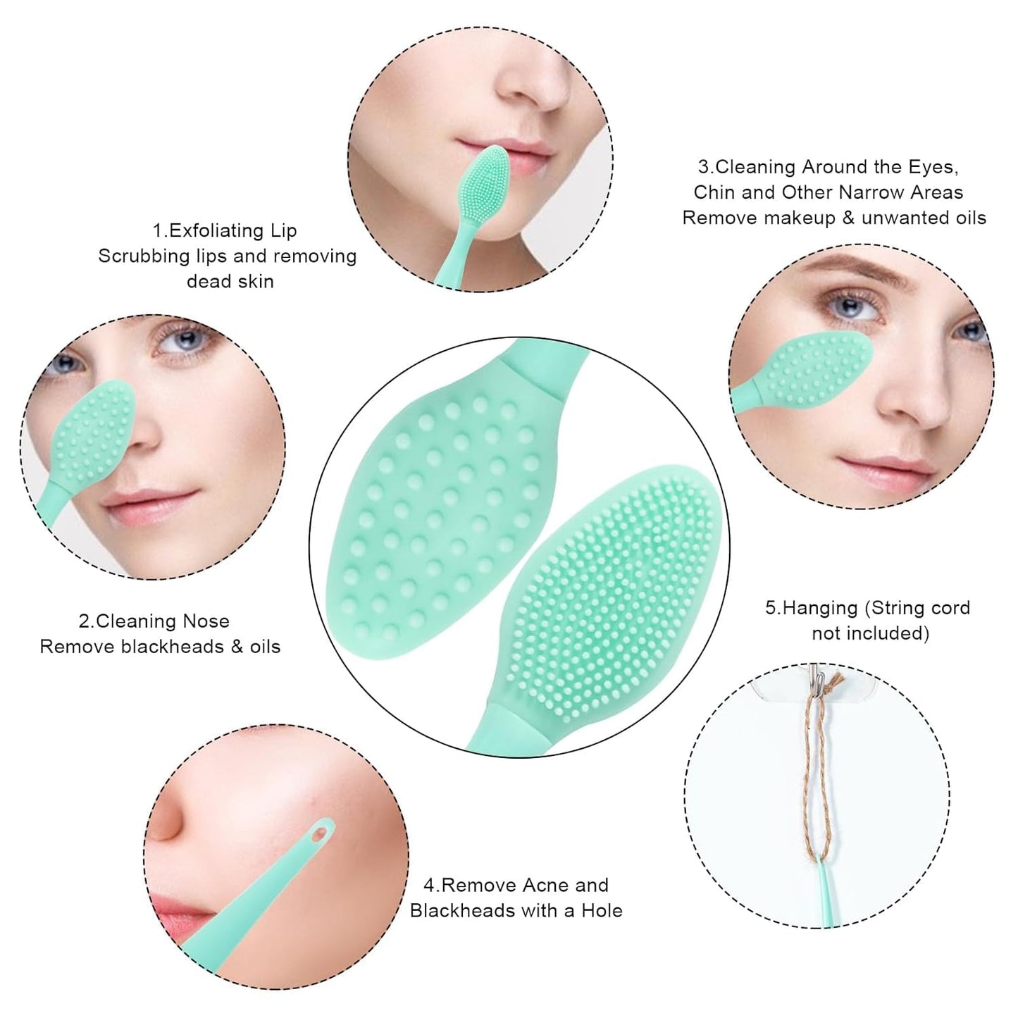 Silicone Facial Cleansing Brush 3 Pack, Beomeen 4 in 1 Handheld Face Scrubber for Deep Gentle Exfoliating, Double-Ended Face Wash Scrub Brush for Face Skincare and Massage (Green)