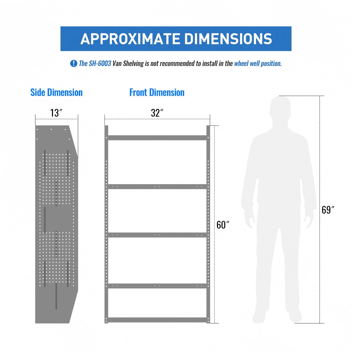 AA Products SH-6003 Steel Mid/High Roof Van Shelving Storage System Fits Transit, NV, Promaster and Sprinter, Van Shelving Units, 32''W x 60''H x 13''D