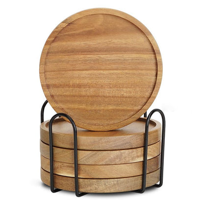 RIHLA Acacia Wood Coasters with Lip, Set of 5 with Holder - Elegant and Functional Wooden Drink Coasters for Home Coffee Table & Office