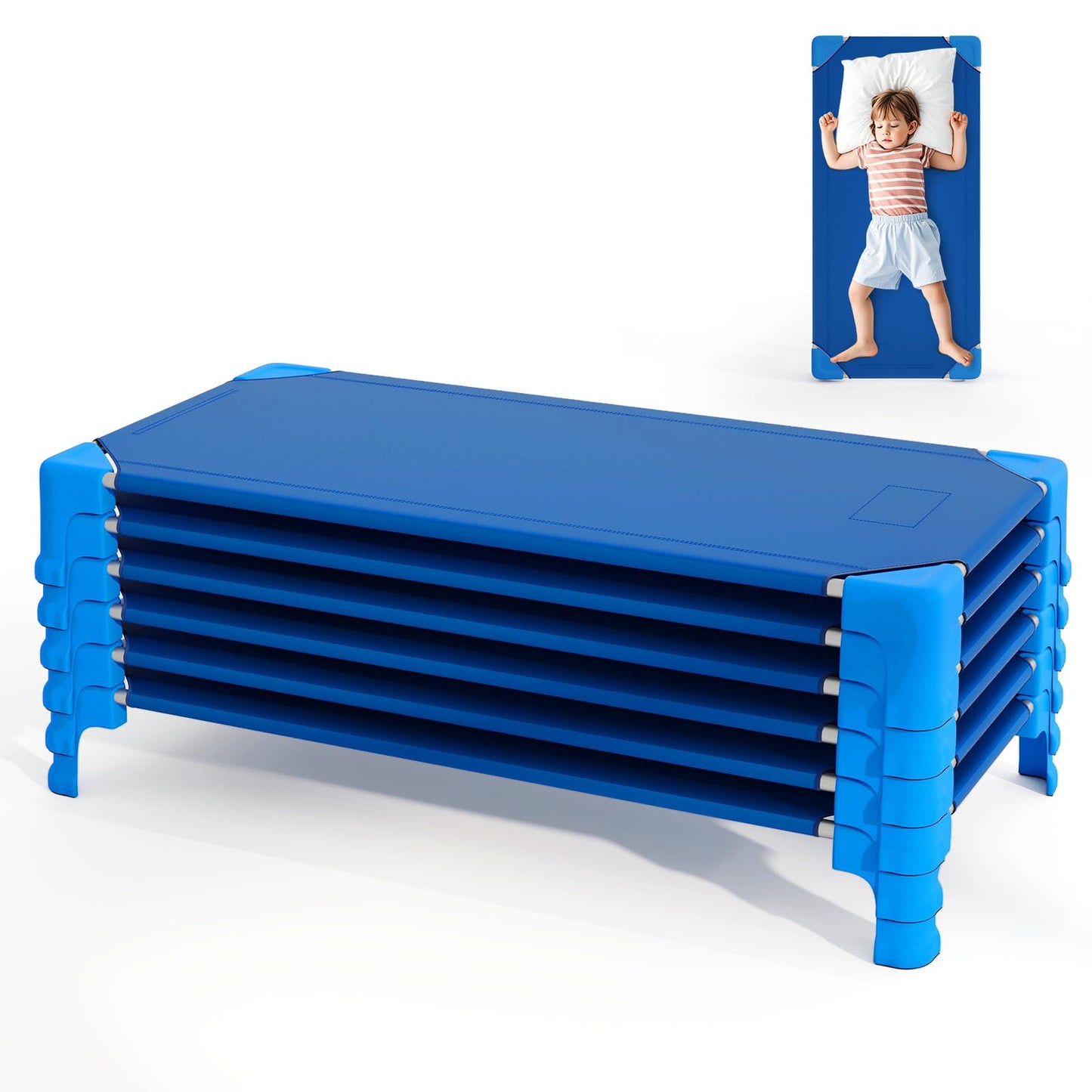 Giantex Stackable Daycare Cots for Sleeping, 53" L x 24" W Portable Nap Cots for Kids and Toddlers w/Easy Lift Corners, Space-Saving Toddler Bed for Preschool Classroom Pet Daycare, Pack of 6, Blue