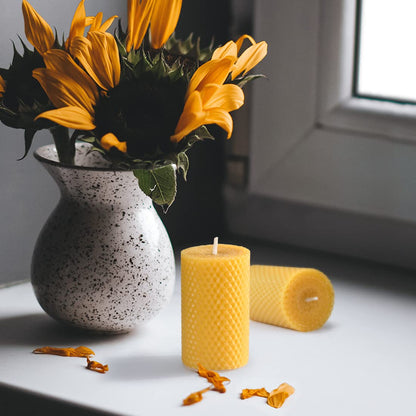 DEYBBY Beeswax Rolled Pillar Candles Set of 3 - Handmade Pure Organic Beeswax Candles for Housewarming Gift Home Decor (2×3.3 in)