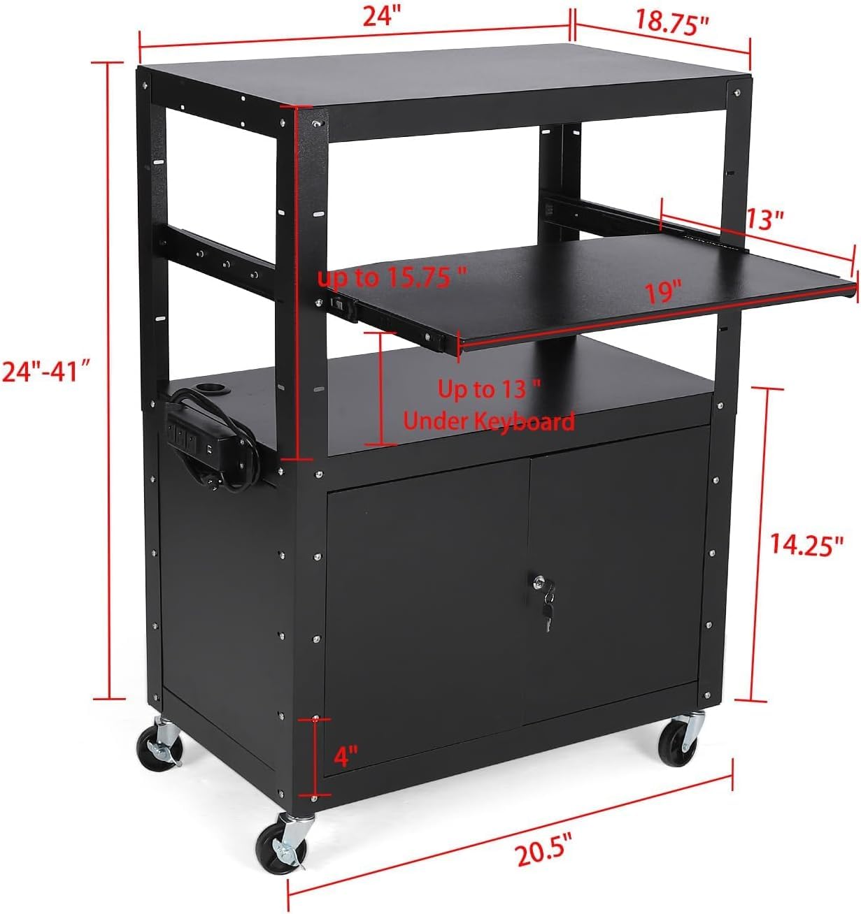 GarveeLife Portable AV Cart with Locking Storage Cabinet, Adjustable Laptop Stand & Drop Leaves, Rolling Workstation with Power Outlets for Classroom, Office, or Home Use