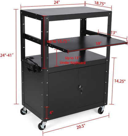 GarveeLife Portable AV Cart with Locking Storage Cabinet, Adjustable Laptop Stand & Drop Leaves, Rolling Workstation with Power Outlets for Classroom, Office, or Home Use