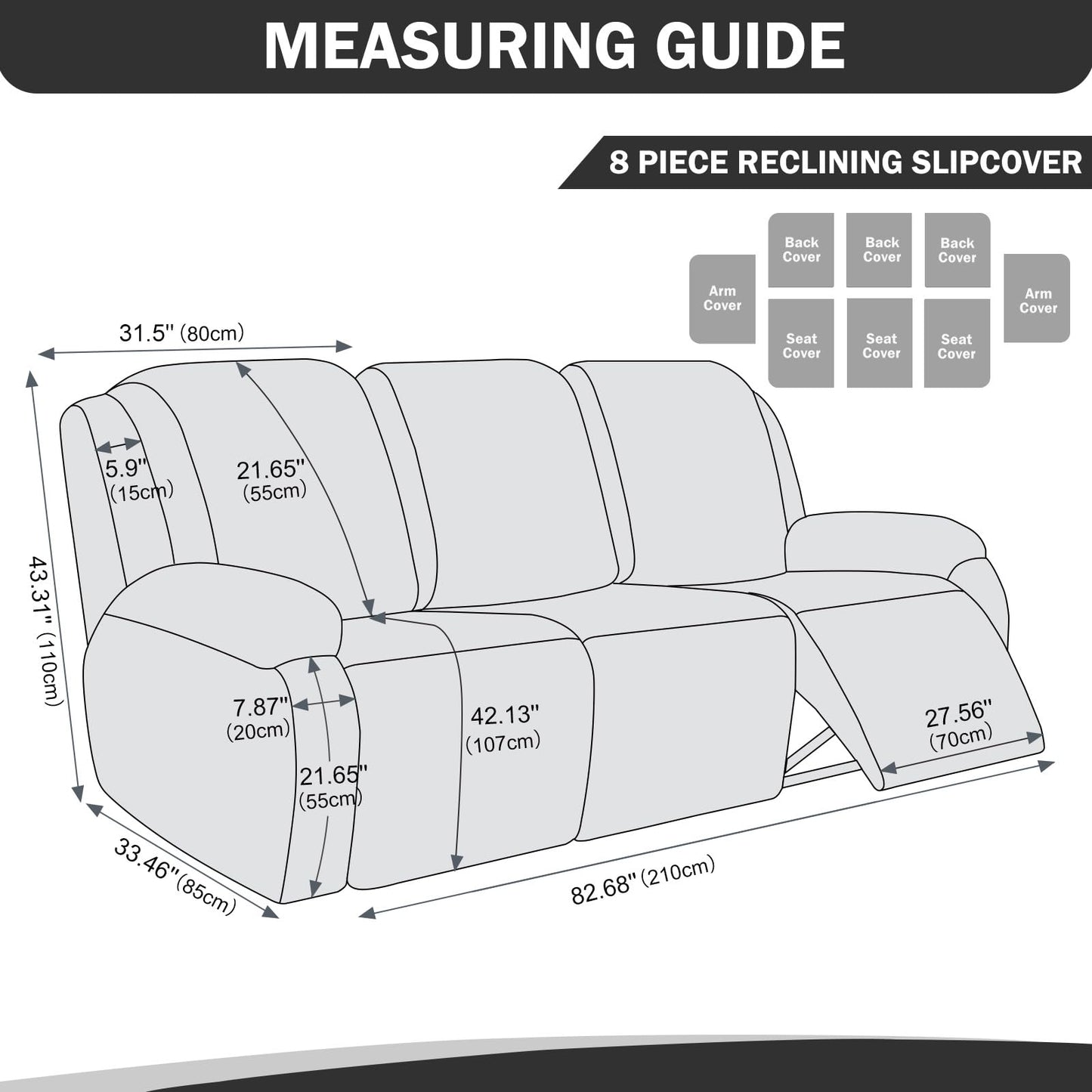 vctops 8 Pieces Waterproof Faux PU Leather Recliner Sofa Covers Stretch Soft 3 Seats Couch Cover Anti-Slip Sofa Slipcover Furniture Protector with Elastic Bottom for Kids Pet(Black,3 Seat)