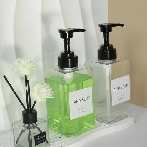 Clear Soap Dispenser - Waterproof Labels & Thickened Plastic | 15oz 2-Pack for Bathroom & Kitchen