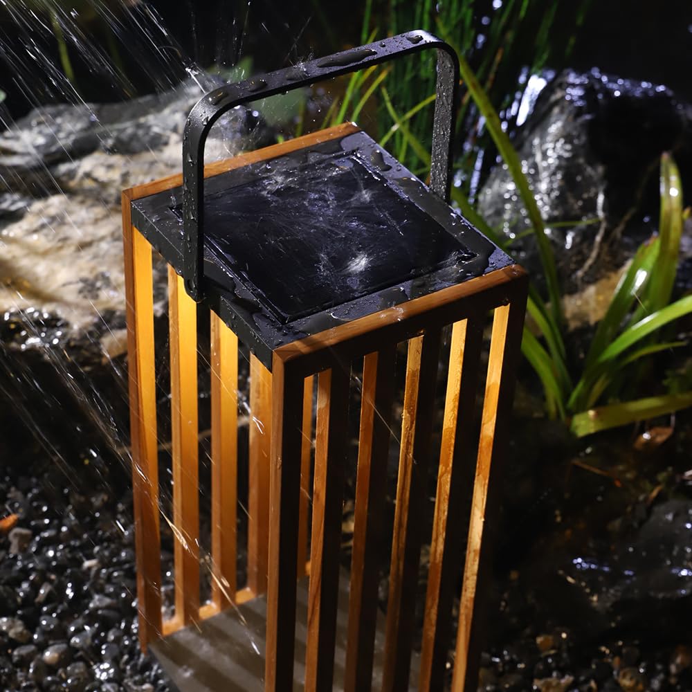 Teak Solar Lantern Outdoor, Solar & USB Rechargeable Floor Lamp, Woven Rope Modern Table Light, 3-Level Dimmable Waterproof Decor for Patio, Garden & Yard (THE GATE Large)