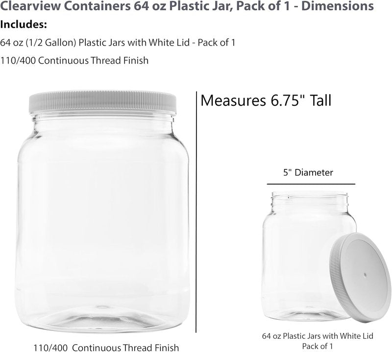 CLEARVIEW CONTAINERS Plastic Storage Jars with Leak Proof Lids, BPA Free, Hand Wash Only (64oz, 1PK White)